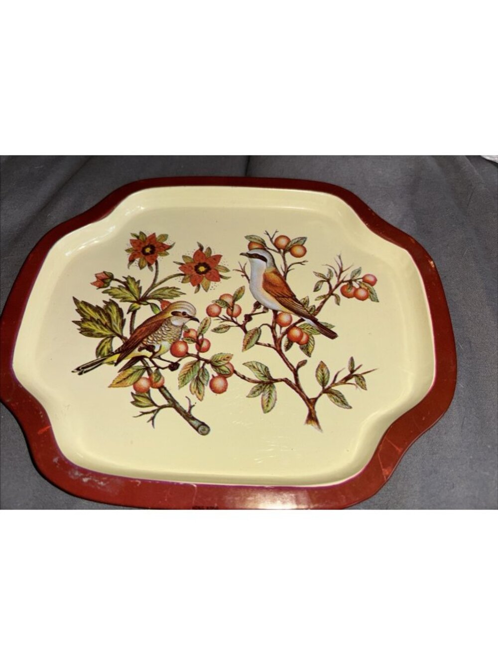 Vintage Mid Century Modern Floral Birds Metal Trinket Mini Tray